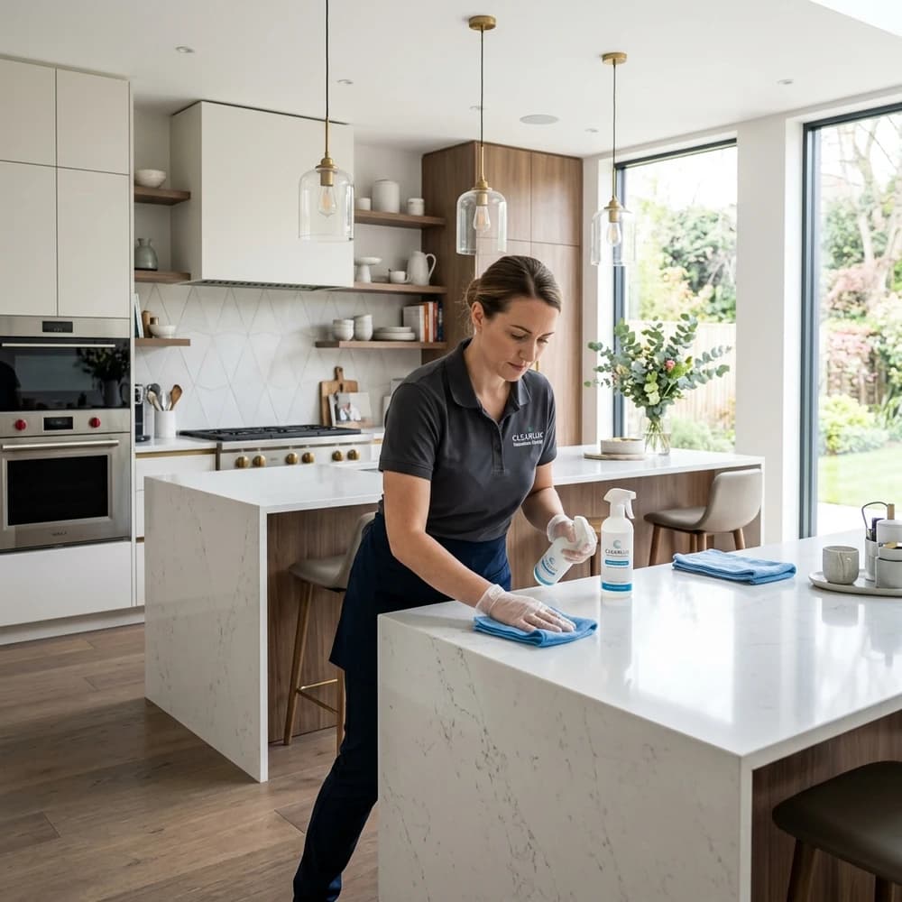 Professional residential cleaner detailing a modern kitchen island with eco-friendly cleaning spray