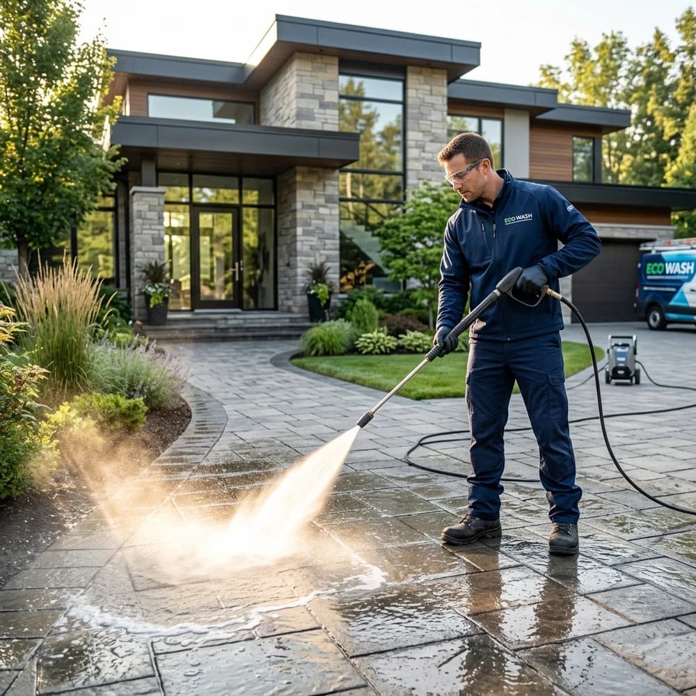 Professional technician pressure washing a modern stone paver walkway outside a residential home