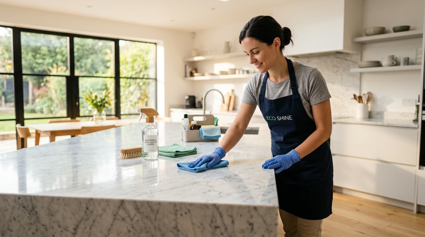 Professional cleaning specialist wiping kitchen island with eco-friendly cleaning solutions