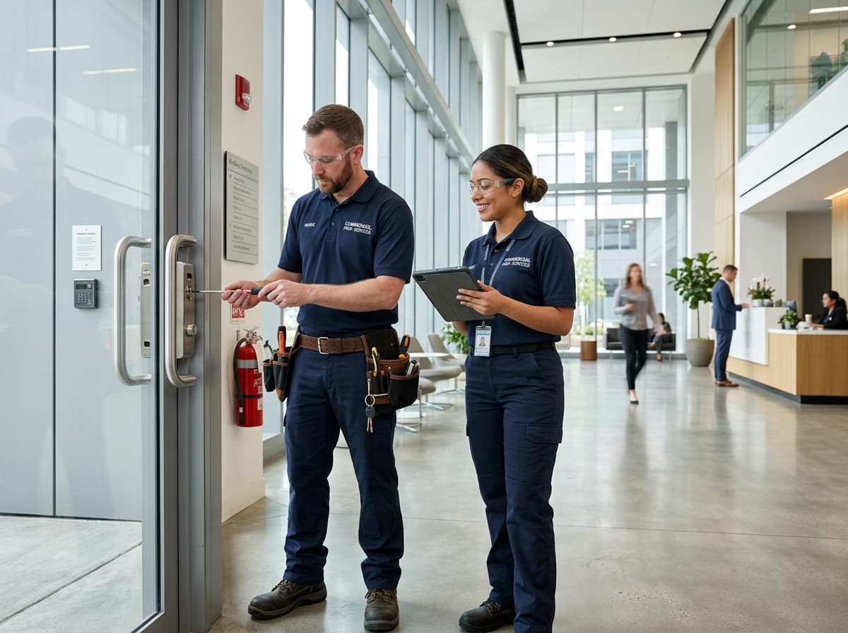 Commercial property maintenance technicians performing inspection and repairs