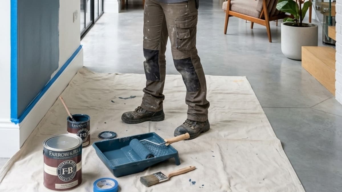 Professional painting equipment, roller tray, brushes, and drop cloths for meticulous surface prep